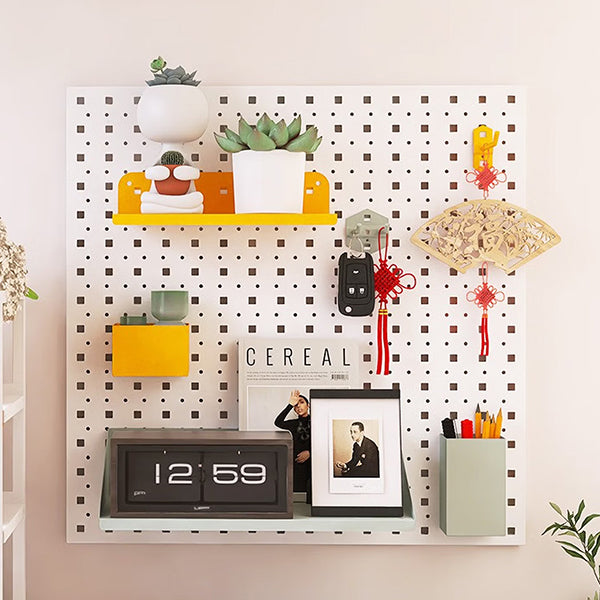 Metal Pegboard Wall Organizer – Punch-Free Mounted Storage Board – Entryway Display Rack – White – Two Sizes – Home Wall Decoration